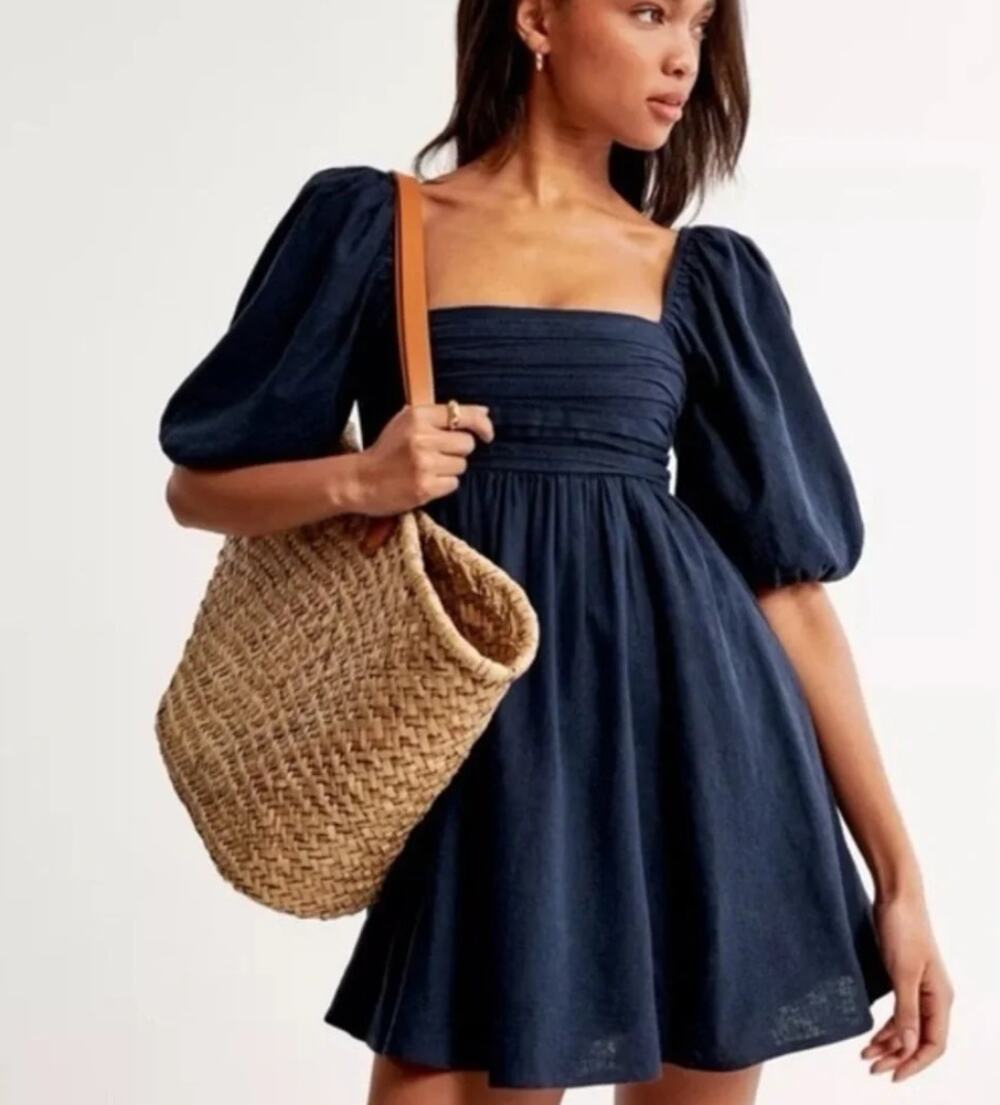 Abercrombie & Fitch Navy Emerson Linen Puff Sleeve Mini Dress (XS)
